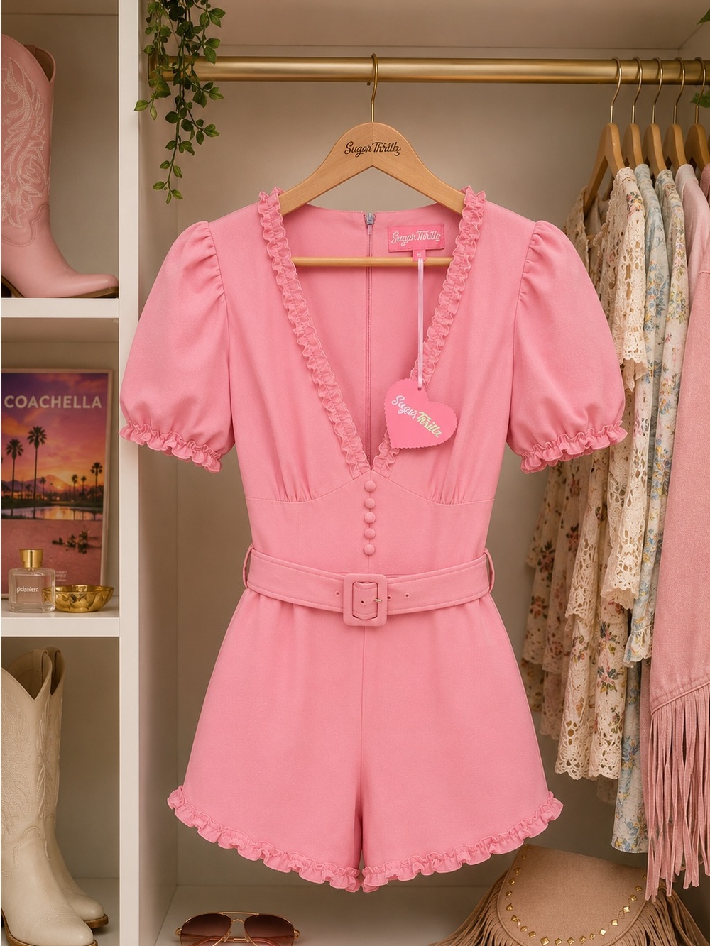 Sugar Thrillz Pink Scallop-Trim Belted Romper - Picture 4 of 6
